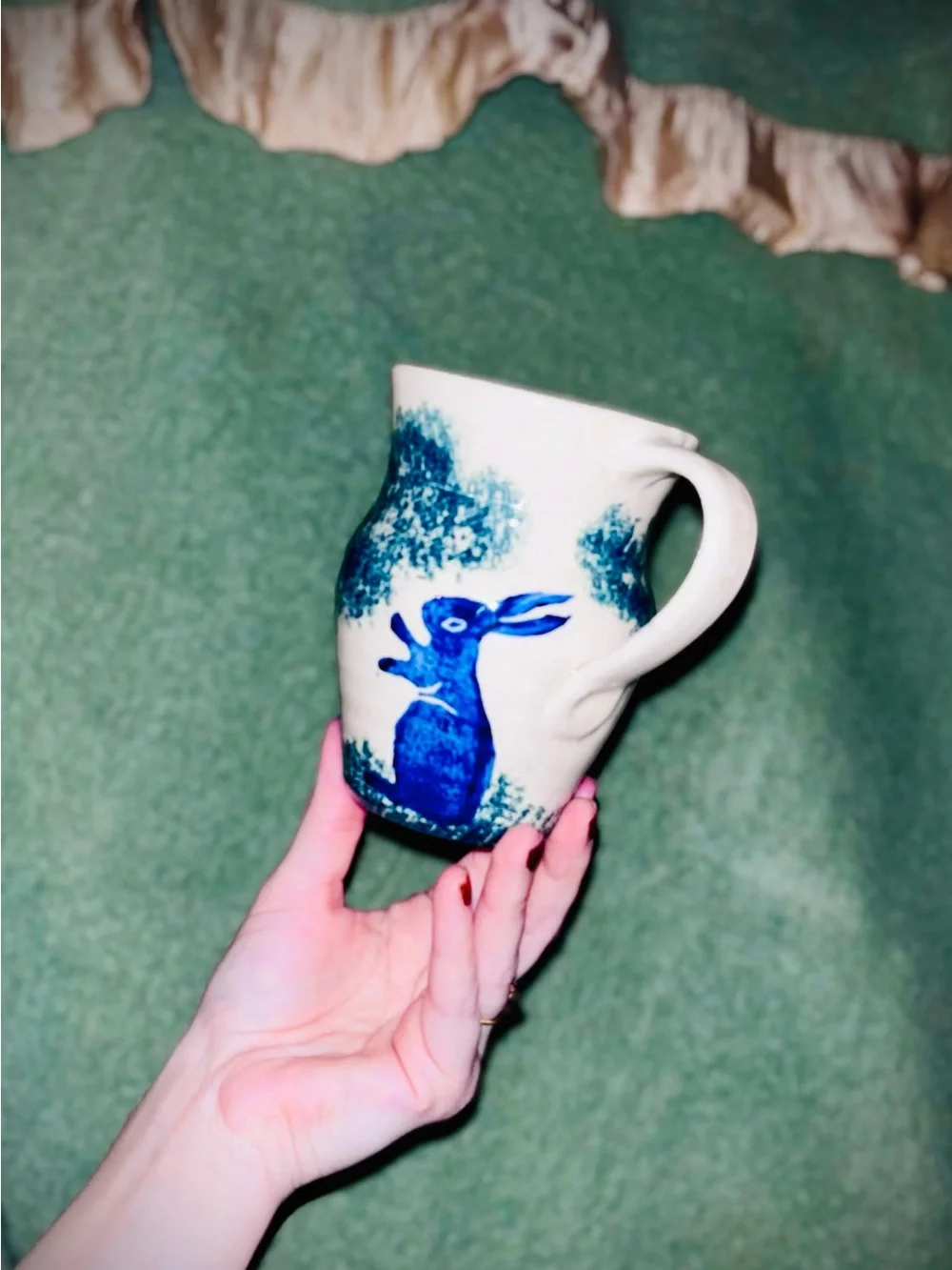 Vtg 1980s Handpainted Folk Stoneware Pitcher w/Rabbit & Forest Scene Design